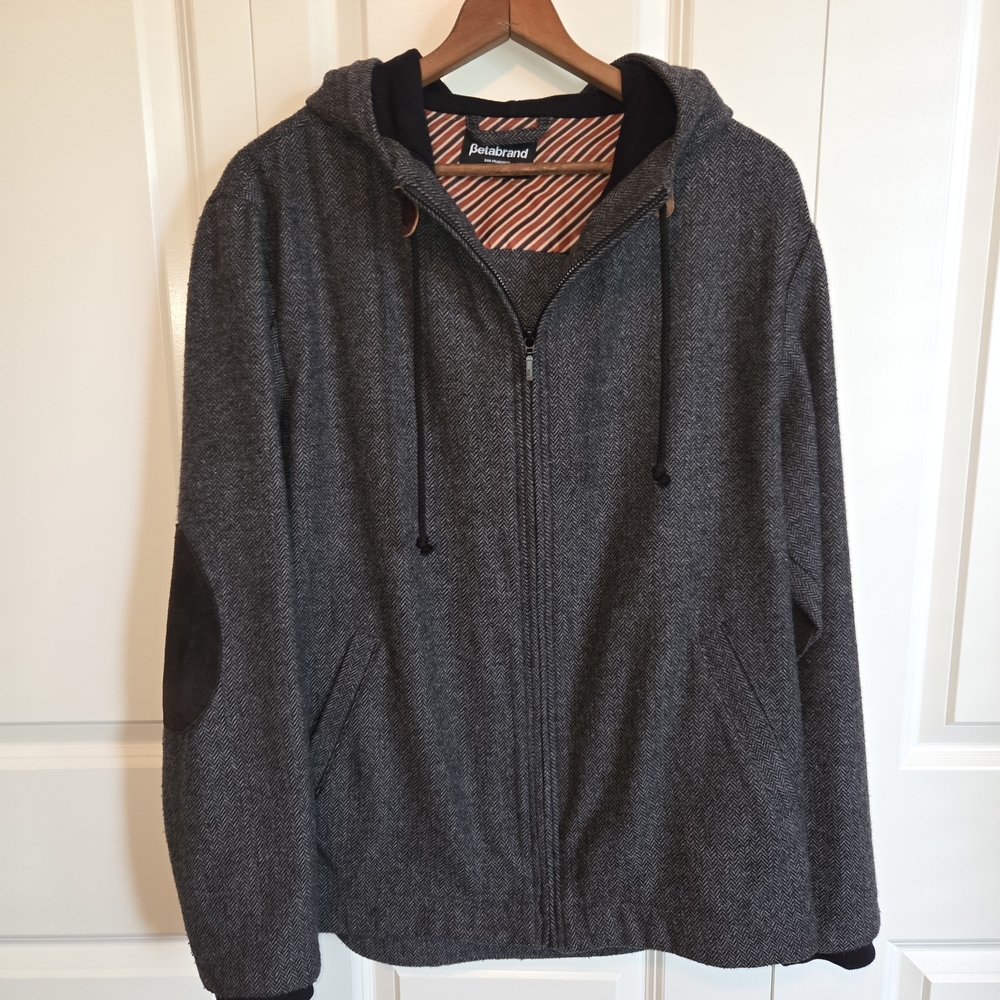 Betabrand Herringbone Wool Blend Hooded Jacket With Elbow Patches Gray Large